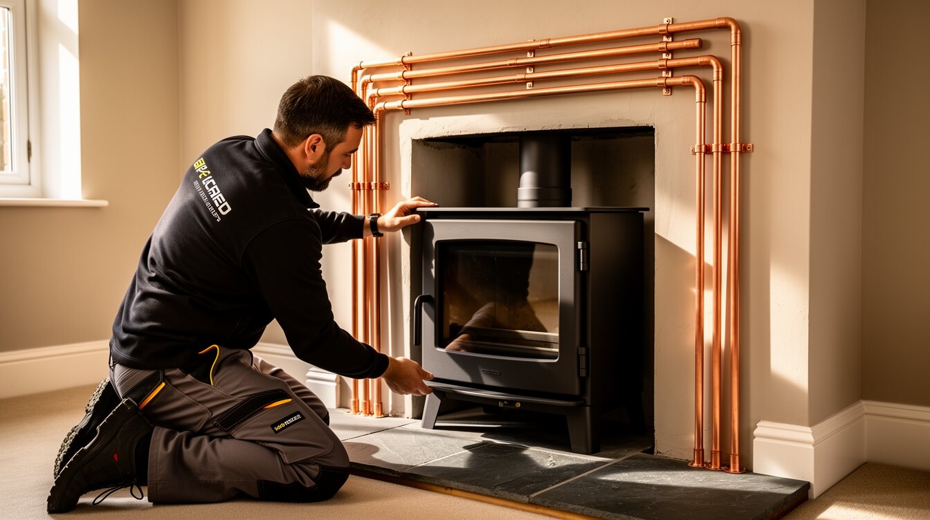 Evoheat heating engineer installing a wood-burning stove and back boiler