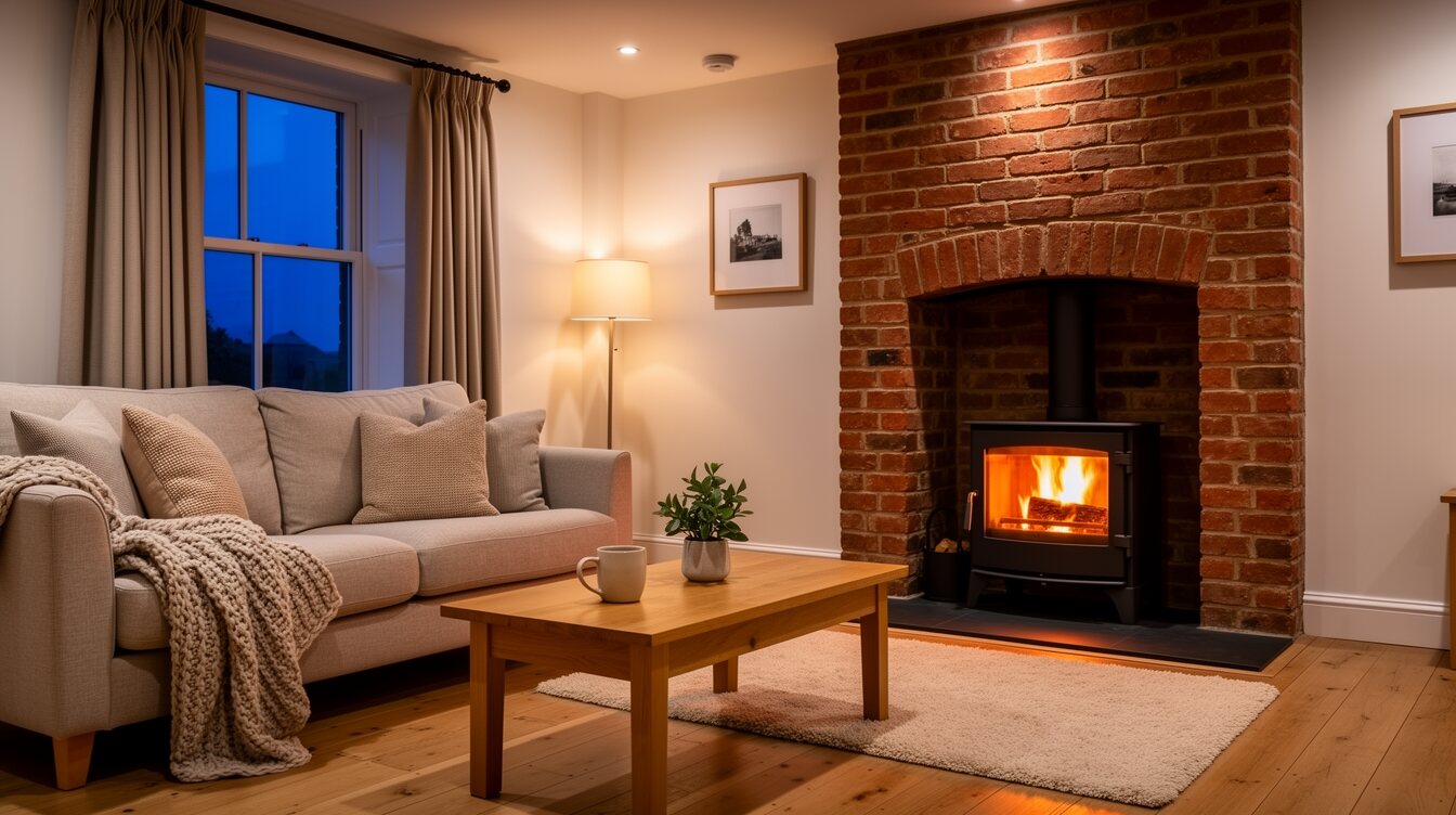 Cosy living room warmed by a wood-burning stove
